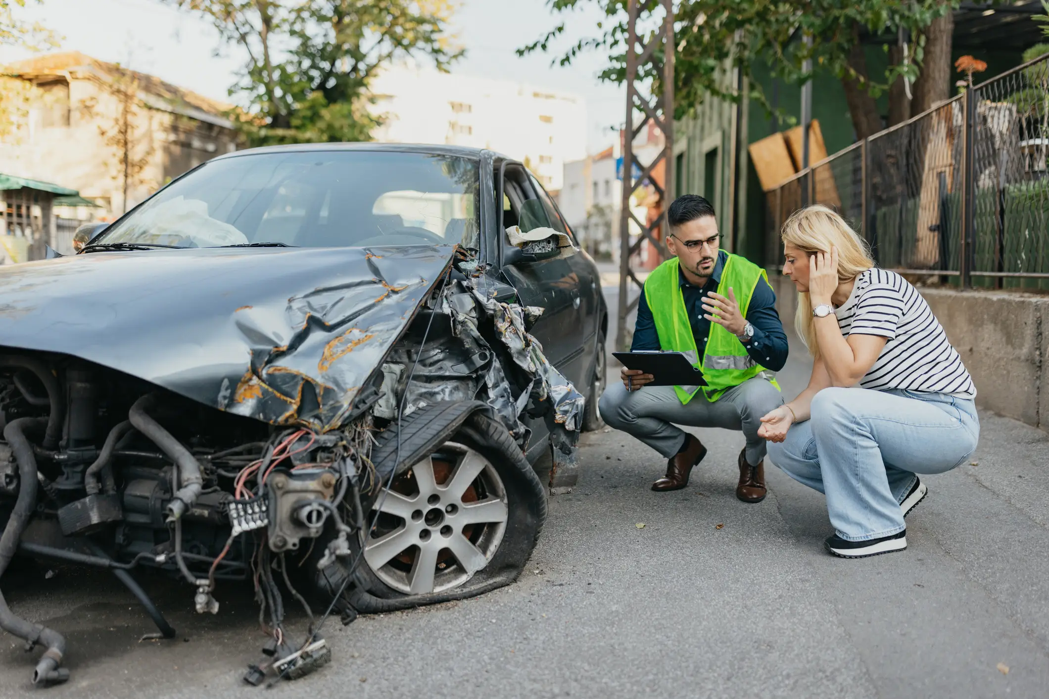 Una mujer y un perito de seguros discuten sobre los daños mientras observan un coche siniestrado.
