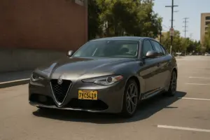 A dark gray Alfa Romeo Giulia on the street.