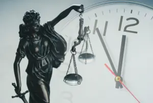 A silver statue of lady justice with a clock in the background. 